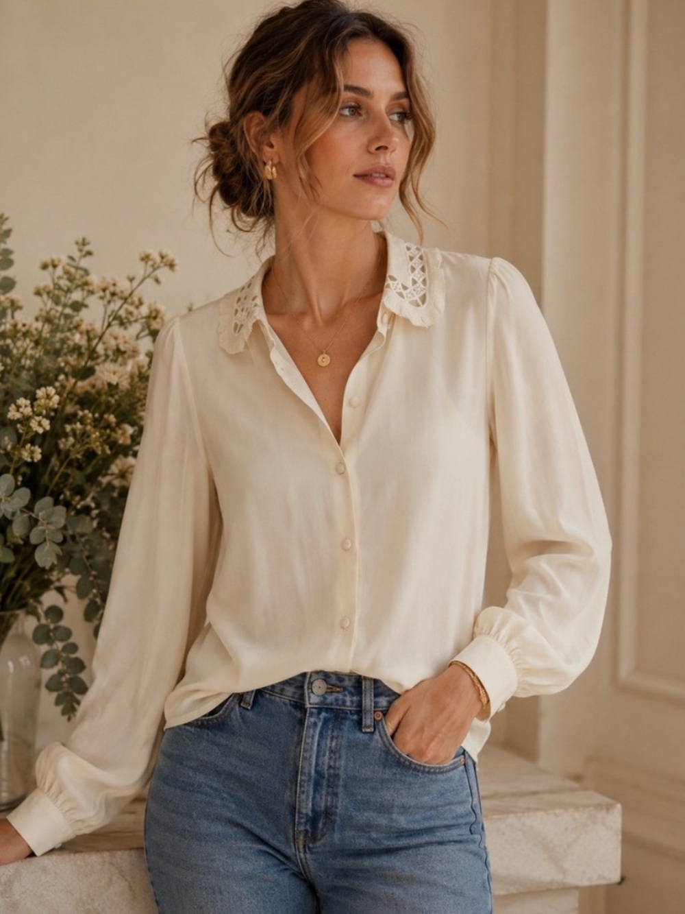 NWOT $250 Gorgeous Sézane White 100% Silk Lace Collar Blouse EU 34 US XS